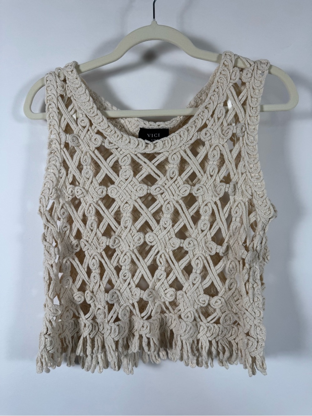 VICI Cream Macramé Crochet Crop Tank Top Size S/M Fringe Western Boho Indie Knit